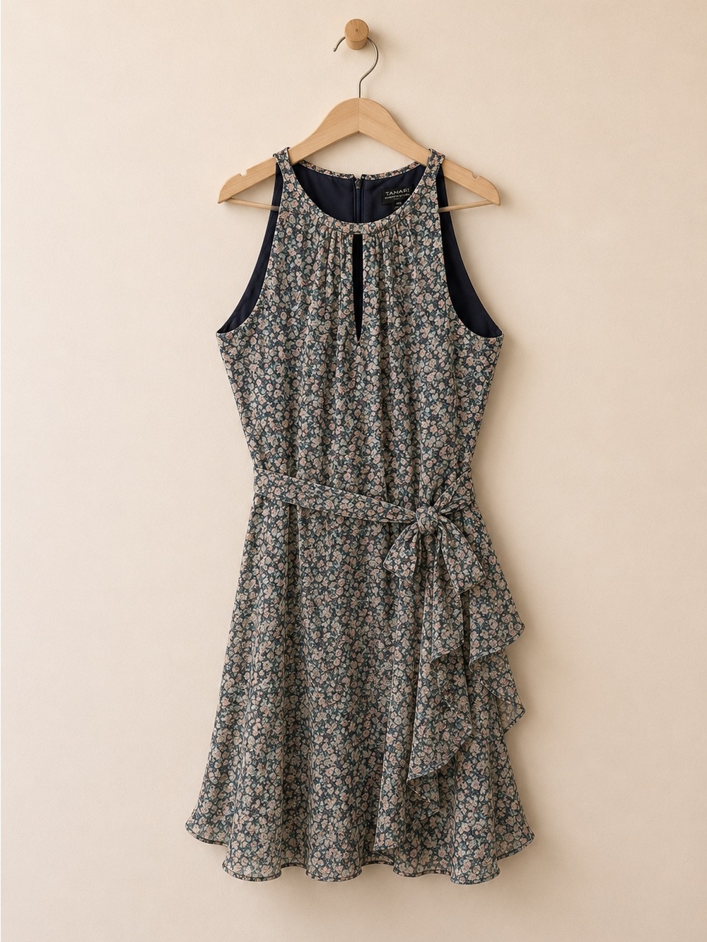 Tahari Arthur S Levine Petite Floral Chiffon Dress Belted Blue Pink 6P